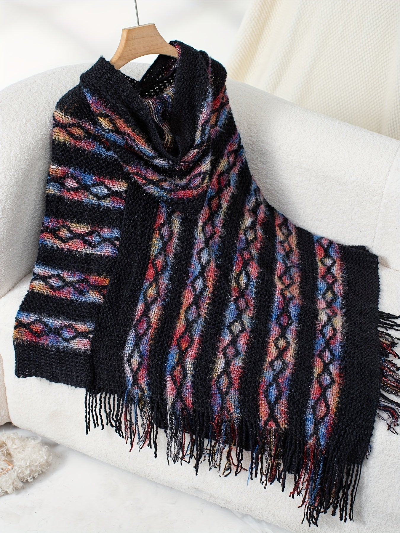 Long Sleeve Oversized Tribal Pattern Hoodie Poncho Cape - Tassel Fringe Hem, Soft Knit Fabric, Vintage Style for Fall & Winter
