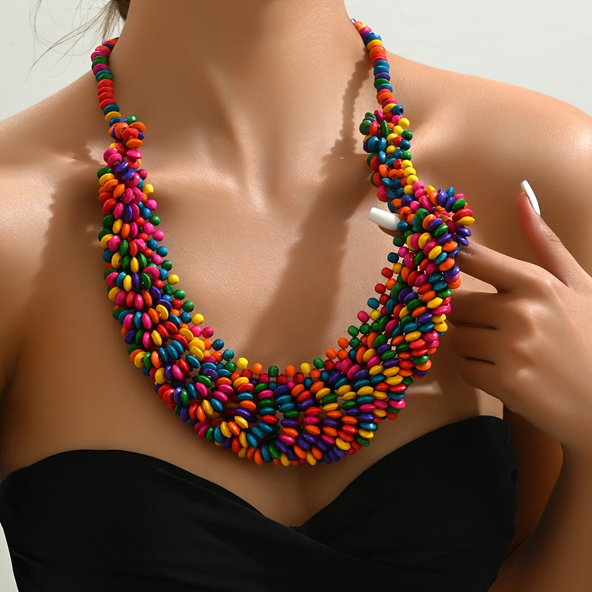Bohemian Geometric Wooden Multicolor Layered Bead Necklace - Vintage Handmade Statement Jewelry for Women & Girls - Perfect for Party, Prom, Music Festival, Summer Travel & Holiday Wear