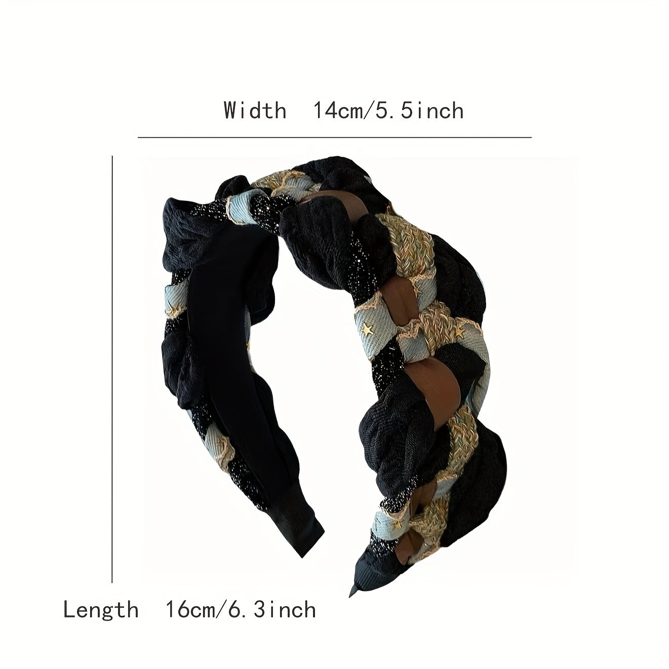 Handmade Women's Cotton Blend Patchwork Headband - Wide Braided Denim Patchwork Hair Accessory with Knotted Detail Boho Chic