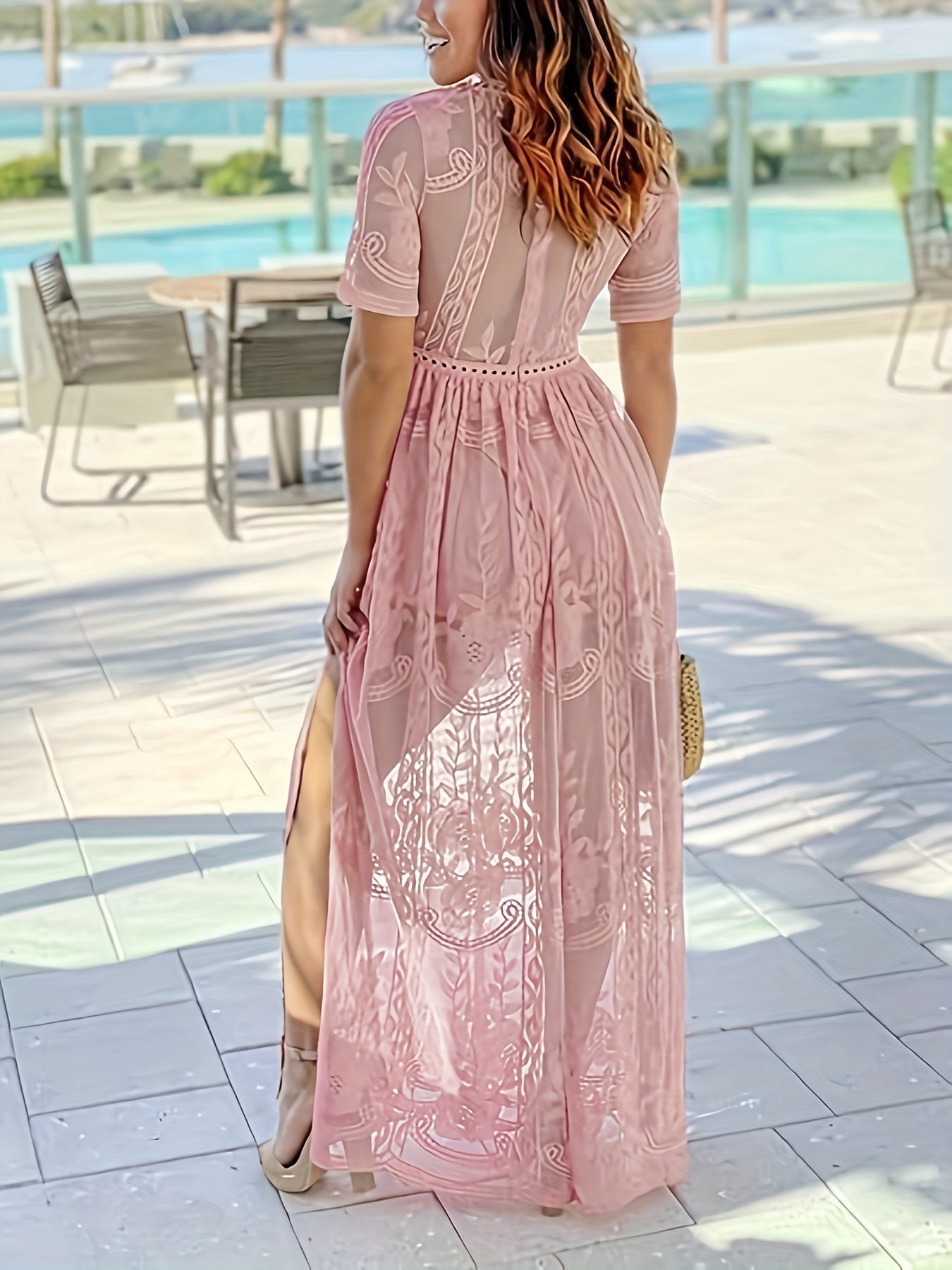 Stunning Split Hem Semi-Sheer Maxi Dress - Elegant V-Neck Short Sleeve Women's Dress for Spring & Summer Casual Occasions