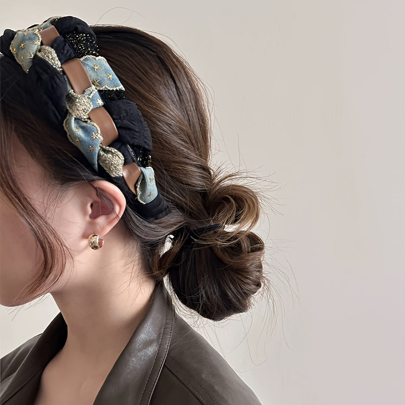 Handmade Women's Cotton Blend Patchwork Headband - Wide Braided Denim Patchwork Hair Accessory with Knotted Detail Boho Chic