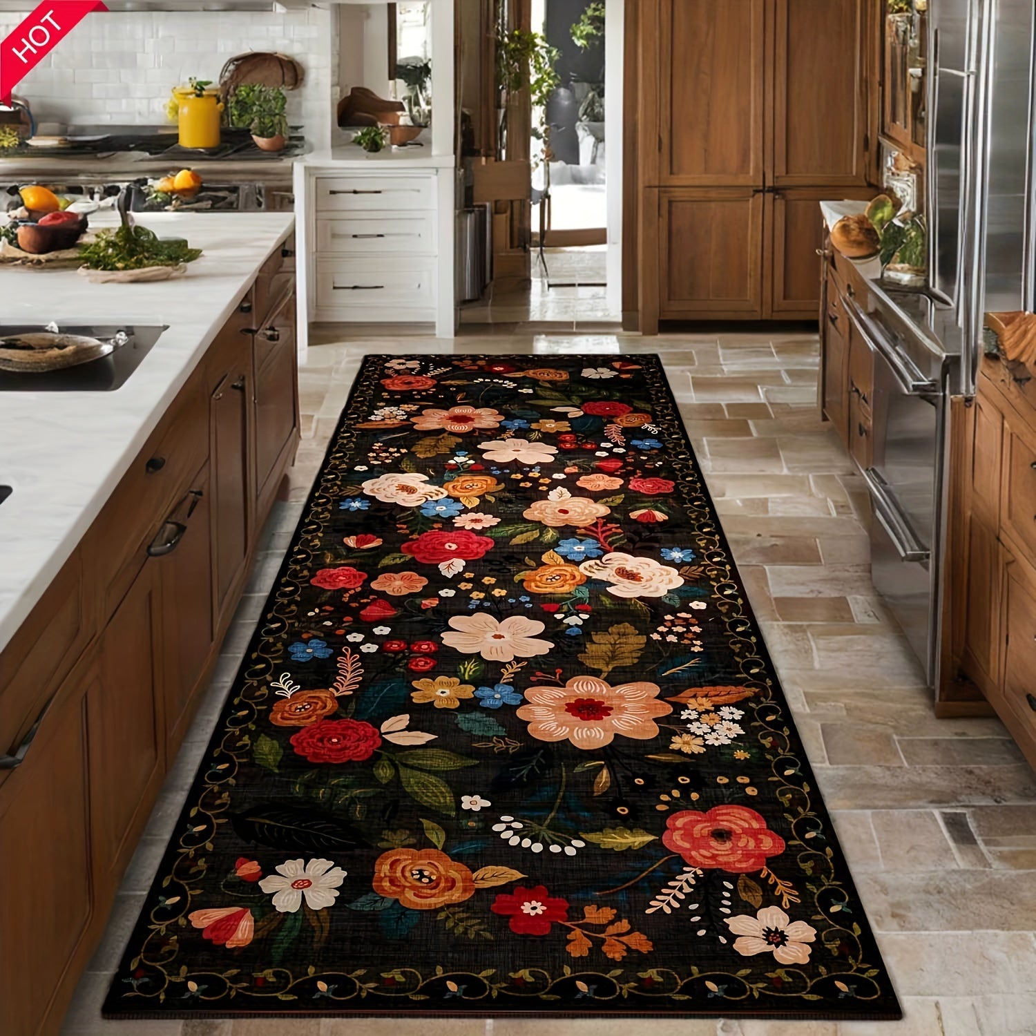 Boho Chic Vintage-Inspired Area Rug - Non-Slip Machine Washable Runner for Kitchen, Hallway, Living Room, and More - Soft Floral Design Carpet