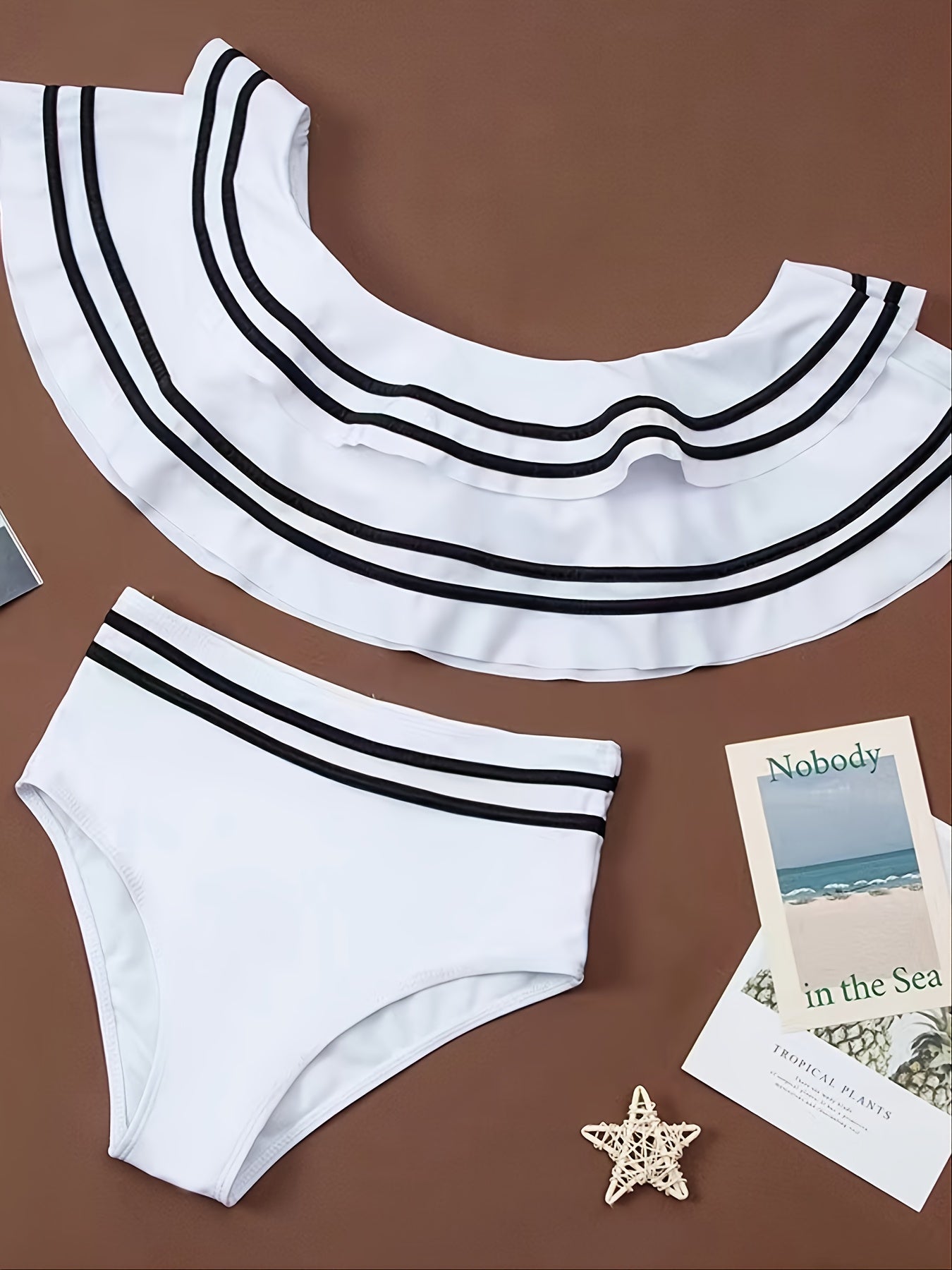 Two-Piece High-Waist Off-Shoulder Swimsuit - Tiered Ruffle Contrast Trim Women's Beachwear & Swimwear