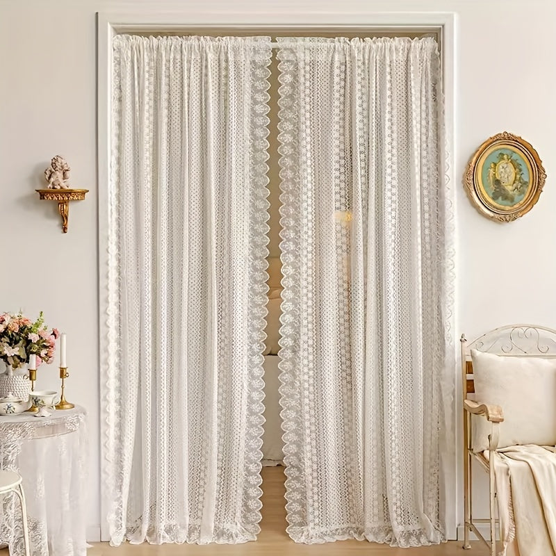 1 Panel Luxury Vintage French Lace Tulle Curtain with Geometric Hollow Pattern – Romantic Sheer Drapery for Living Room