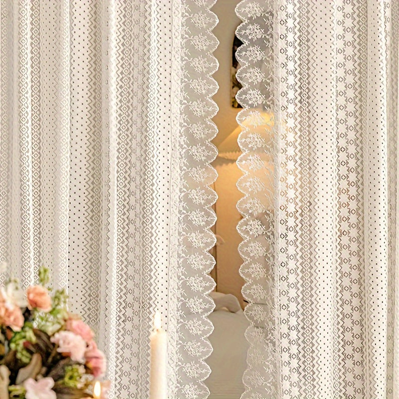1 Panel Luxury Vintage French Lace Tulle Curtain with Geometric Hollow Pattern – Romantic Sheer Drapery for Living Room