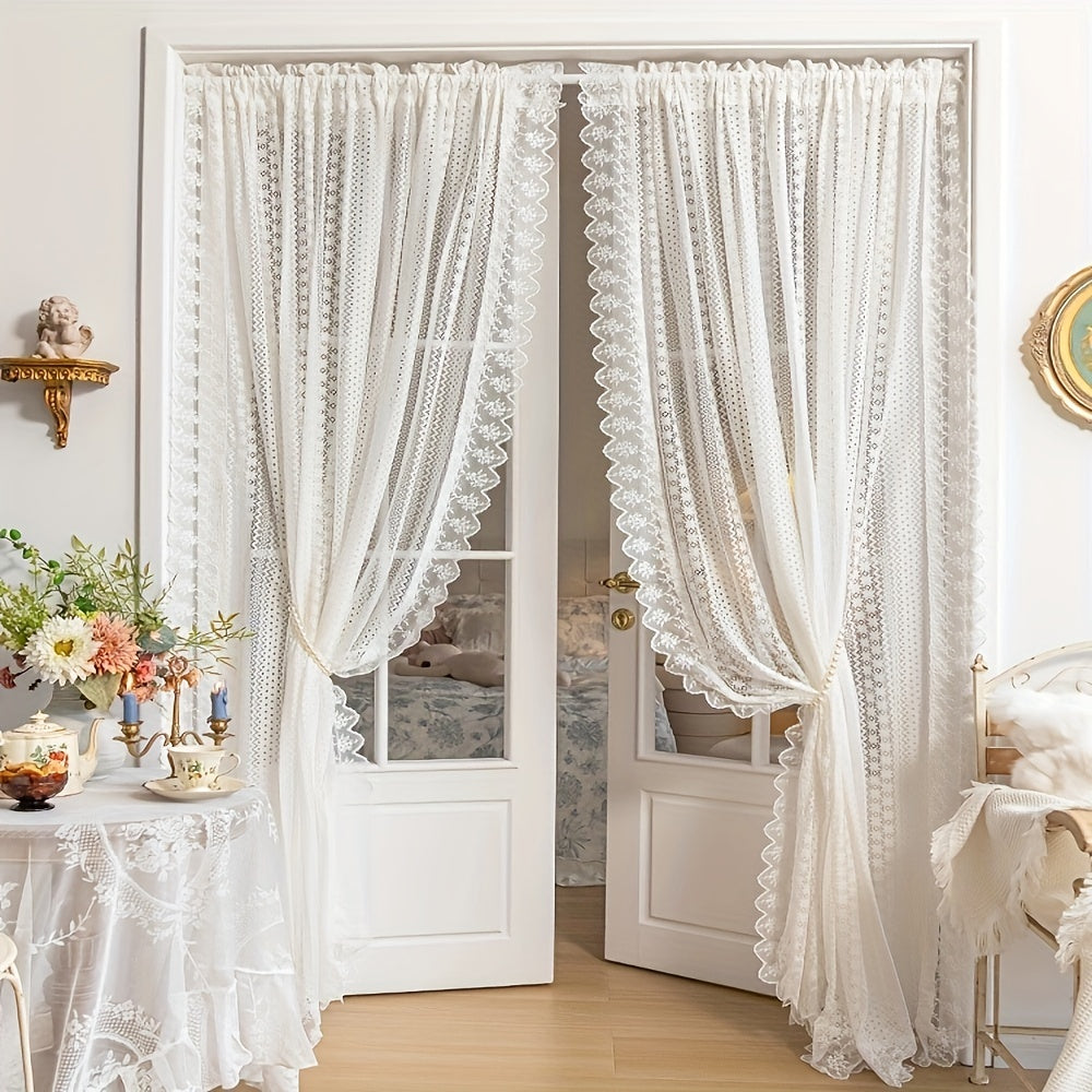 1 Panel Luxury Vintage French Lace Tulle Curtain with Geometric Hollow Pattern – Romantic Sheer Drapery for Living Room
