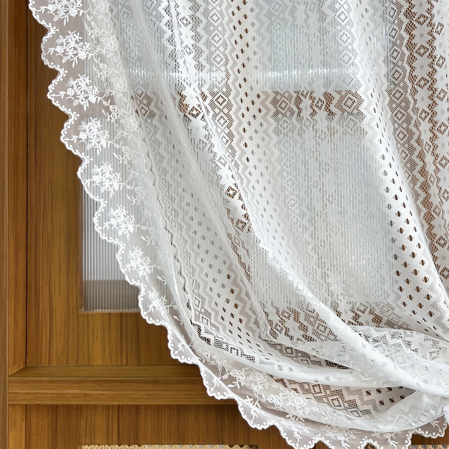 1 Panel Luxury Vintage French Lace Tulle Curtain with Geometric Hollow Pattern – Romantic Sheer Drapery for Living Room
