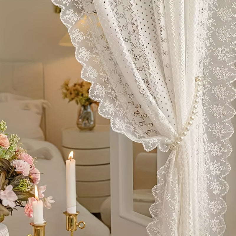 1 Panel Luxury Vintage French Lace Tulle Curtain with Geometric Hollow Pattern – Romantic Sheer Drapery for Living Room