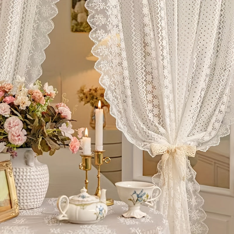 1 Panel Luxury Vintage French Lace Tulle Curtain with Geometric Hollow Pattern – Romantic Sheer Drapery for Living Room