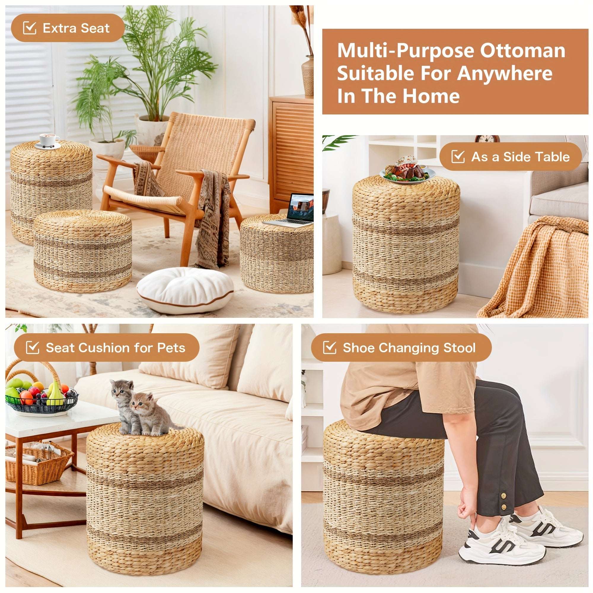 customized - 1 pc Outdoor Ottoman Pouf, 14" Natural Braided Seagrass Poof for Garden - Boho Eco Boutique™ - customized - Boho Eco Boutique™ - Natural Color -