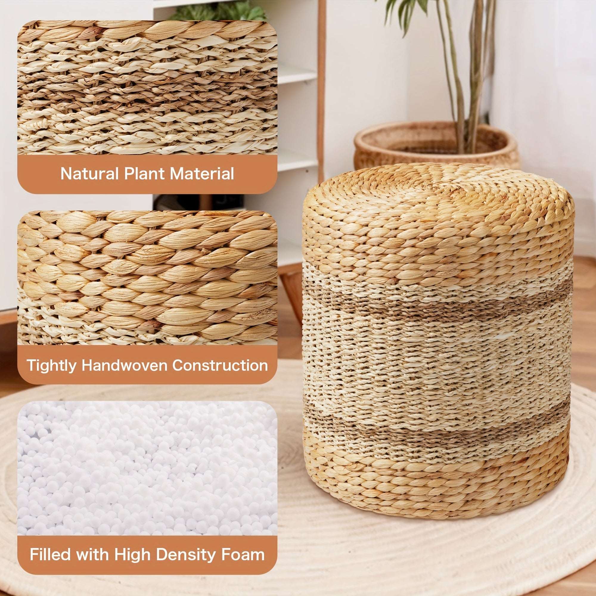 customized - 1 pc Outdoor Ottoman Pouf, 14" Natural Braided Seagrass Poof for Garden - Boho Eco Boutique™ - customized - Boho Eco Boutique™ - Natural Color -
