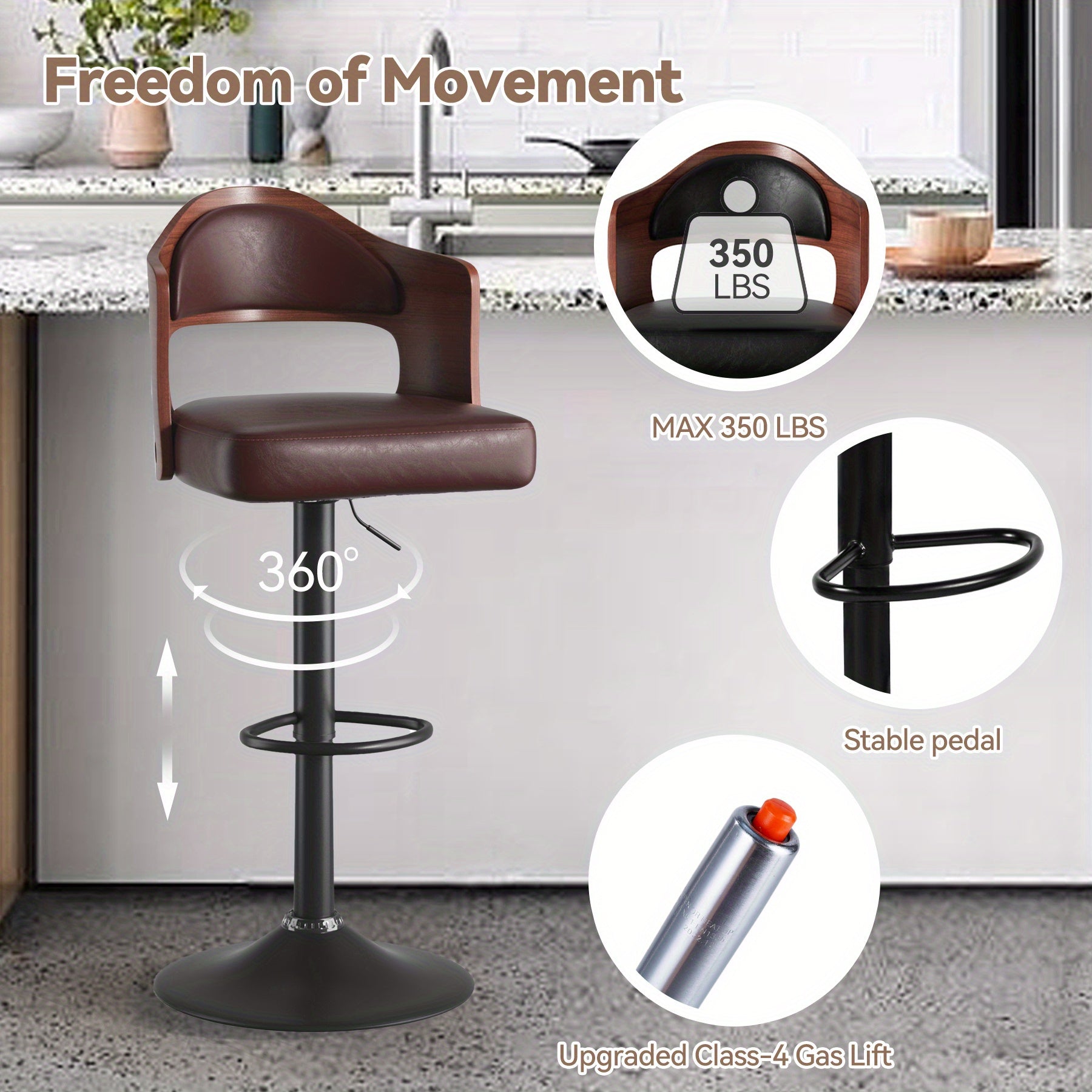 Set of 2 Adjustable Height Swivel Bar Stools with Backrest and Footrest - PU Leather Upholstered Wooden Bar Chairs for Kitchen, Dining Room, and Bar - 24.5-33.5IN Seat Height, Ergonomic Design, and Sturdy Construction