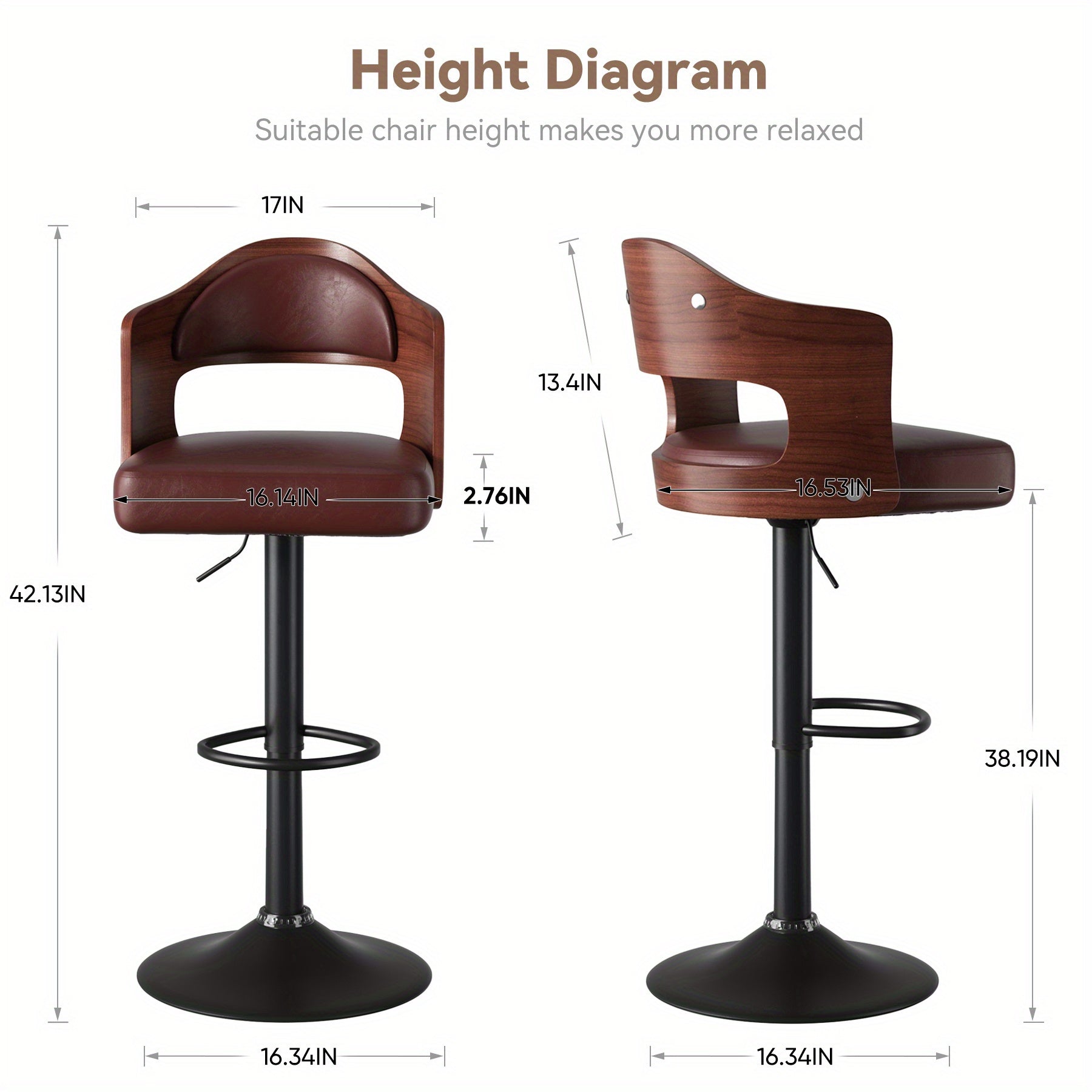 Set of 2 Adjustable Height Swivel Bar Stools with Backrest and Footrest - PU Leather Upholstered Wooden Bar Chairs for Kitchen, Dining Room, and Bar - 24.5-33.5IN Seat Height, Ergonomic Design, and Sturdy Construction