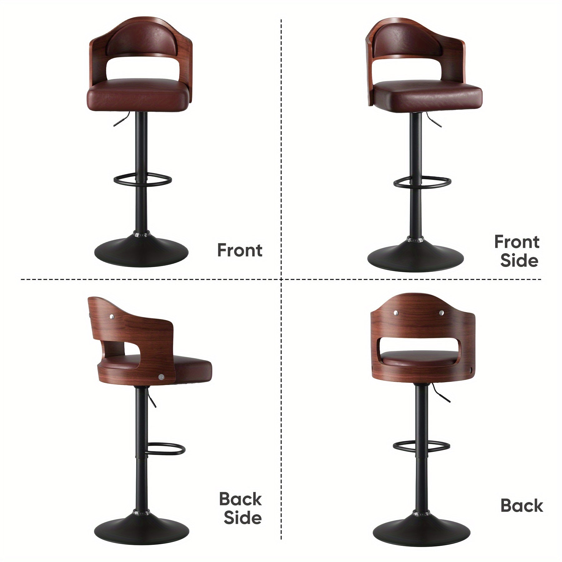 Set of 2 Adjustable Height Swivel Bar Stools with Backrest and Footrest - PU Leather Upholstered Wooden Bar Chairs for Kitchen, Dining Room, and Bar - 24.5-33.5IN Seat Height, Ergonomic Design, and Sturdy Construction