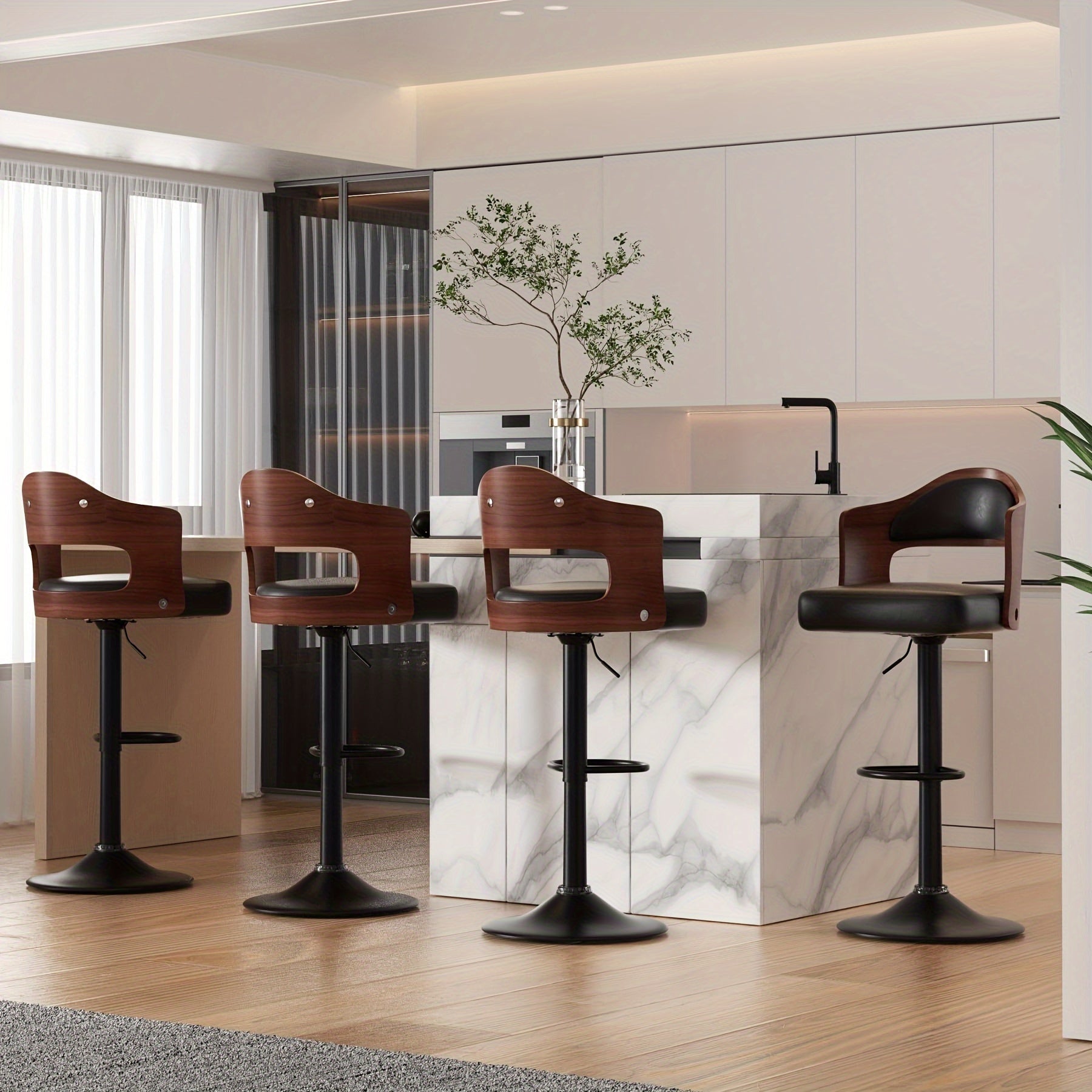 Set of 2 Adjustable Height Swivel Bar Stools with Backrest and Footrest - PU Leather Upholstered Wooden Bar Chairs for Kitchen, Dining Room, and Bar - 24.5-33.5IN Seat Height, Ergonomic Design, and Sturdy Construction