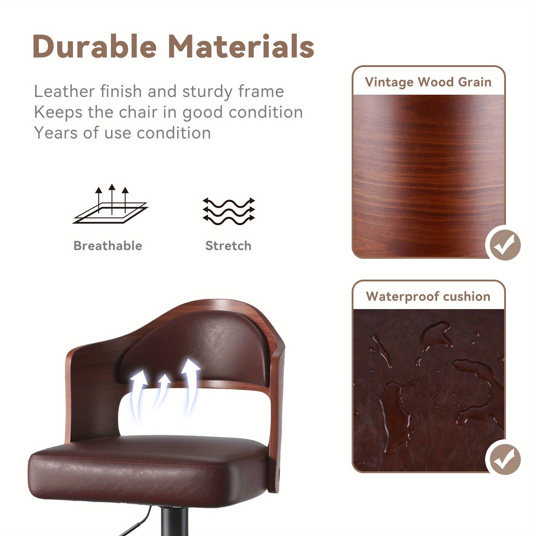 Set of 2 Adjustable Height Swivel Bar Stools with Backrest and Footrest - PU Leather Upholstered Wooden Bar Chairs for Kitchen, Dining Room, and Bar - 24.5-33.5IN Seat Height, Ergonomic Design, and Sturdy Construction