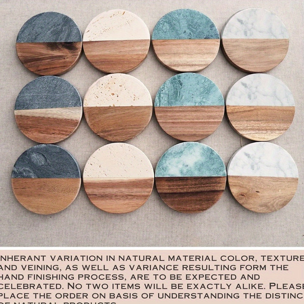 Custom Engraved Marble & Acacia Wood Coasters - Heat-Resistant, Personalized Text Design for Coffee & Wine