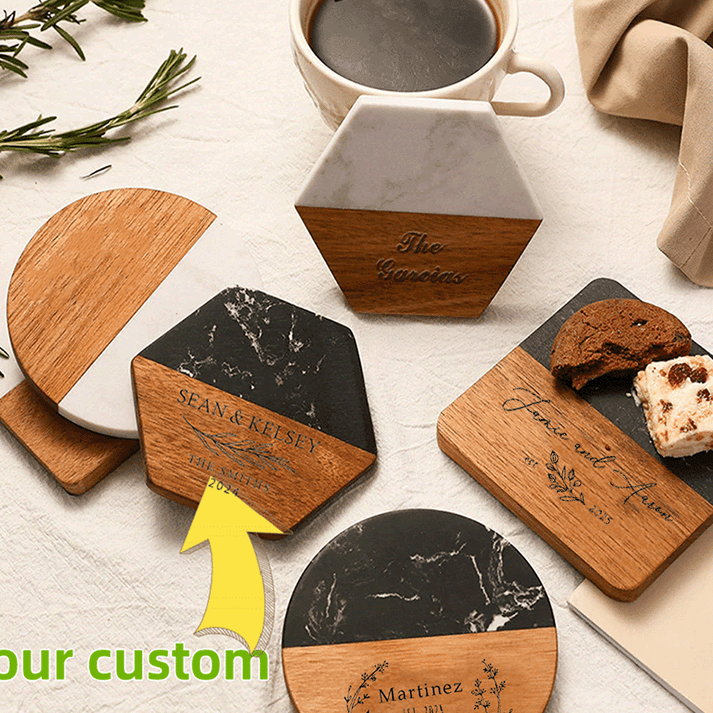 Custom Engraved Marble & Acacia Wood Coasters - Heat-Resistant, Personalized Text Design for Coffee & Wine