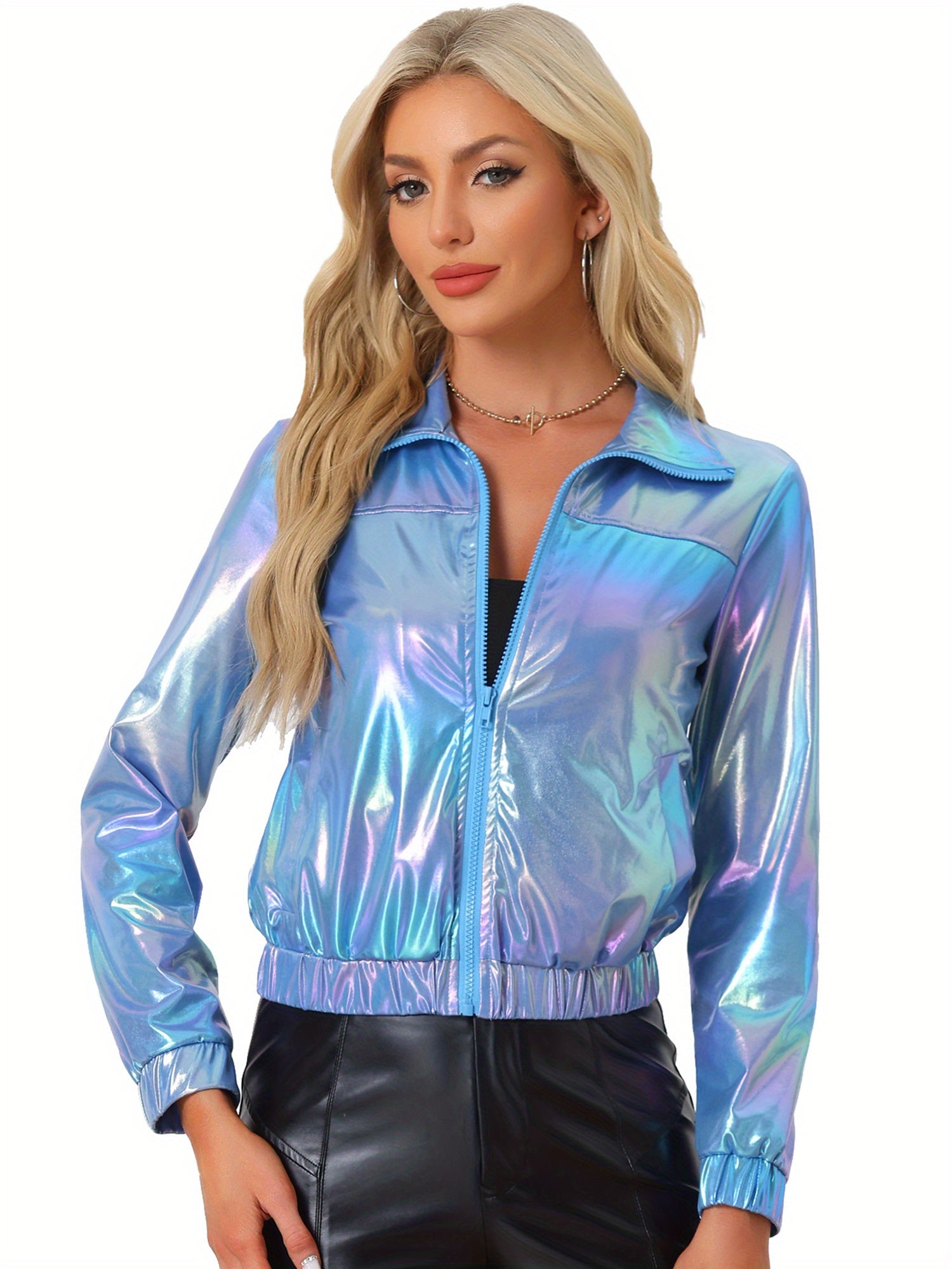 Women's Holographic Metallic Jacket - Shiny Long Sleeve Lightweight Zipper Coat for Parties & Christmas