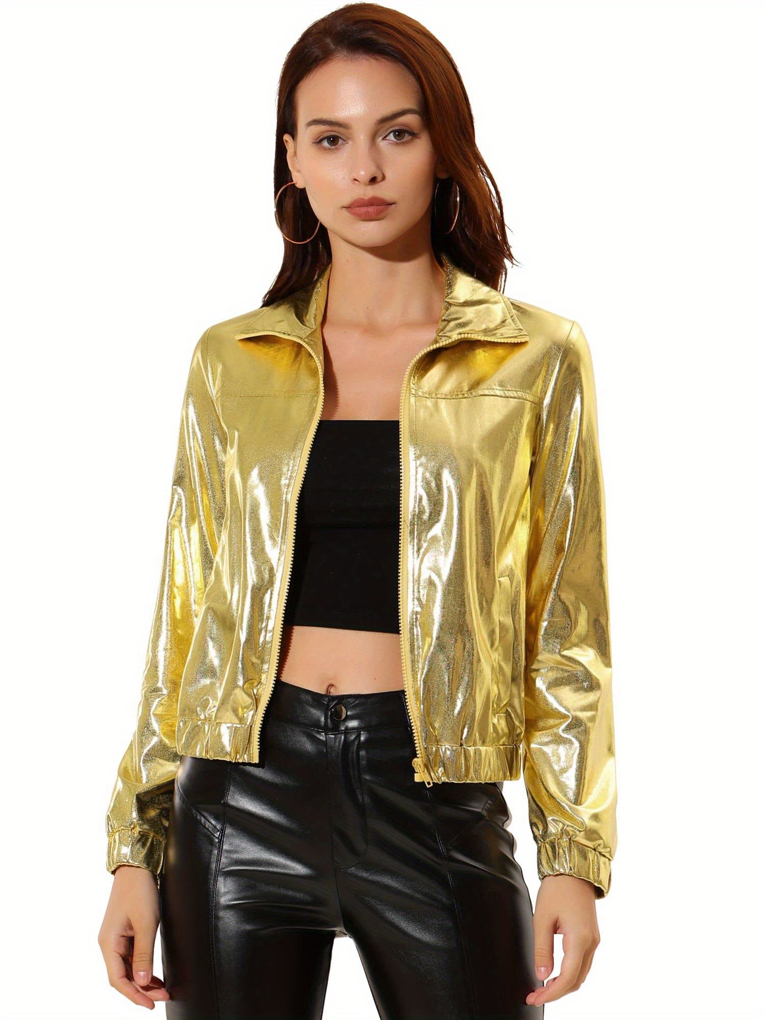 Women's Holographic Metallic Jacket - Shiny Long Sleeve Lightweight Zipper Coat for Parties & Christmas