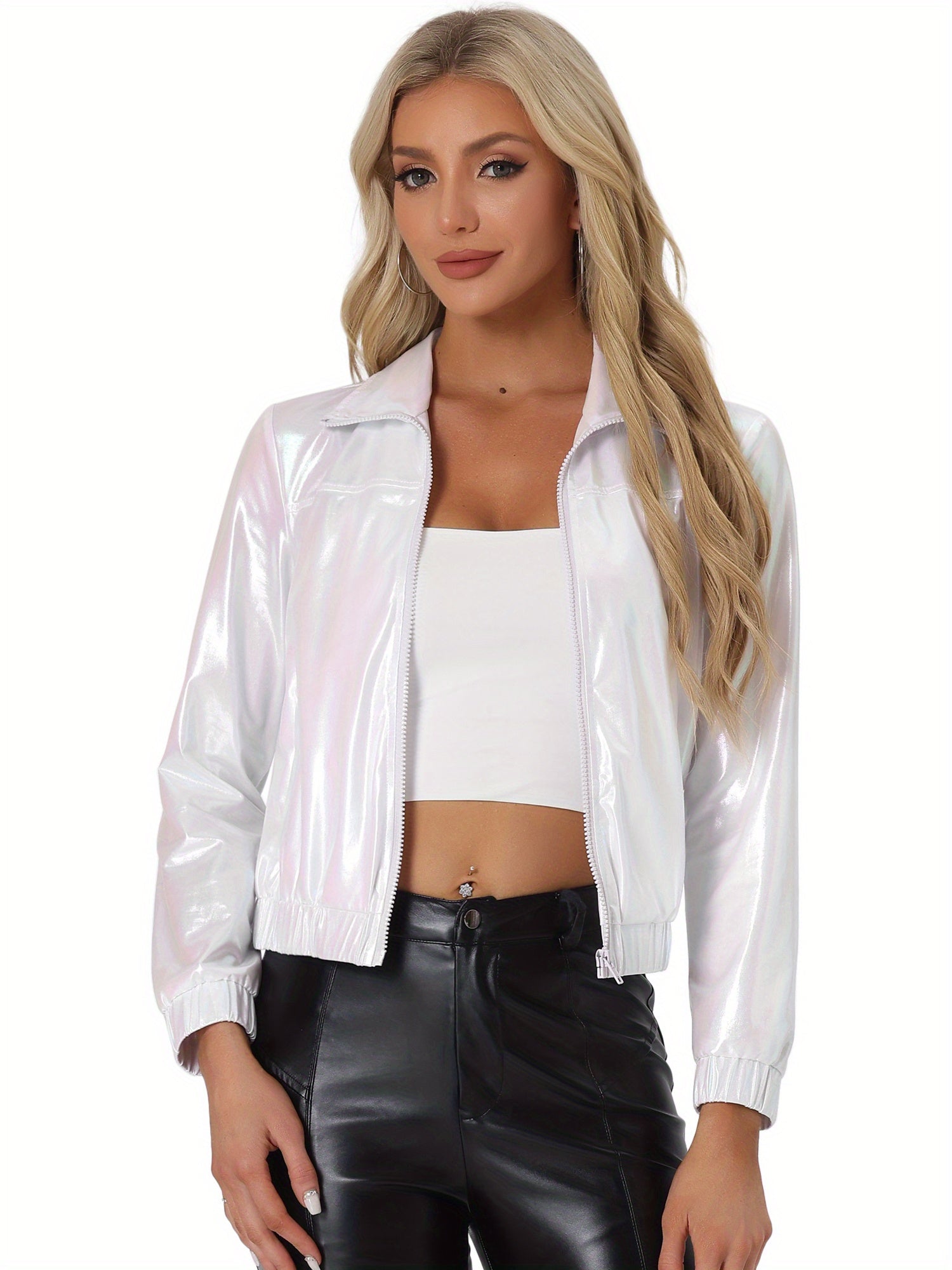 Women's Holographic Metallic Jacket - Shiny Long Sleeve Lightweight Zipper Coat for Parties & Christmas