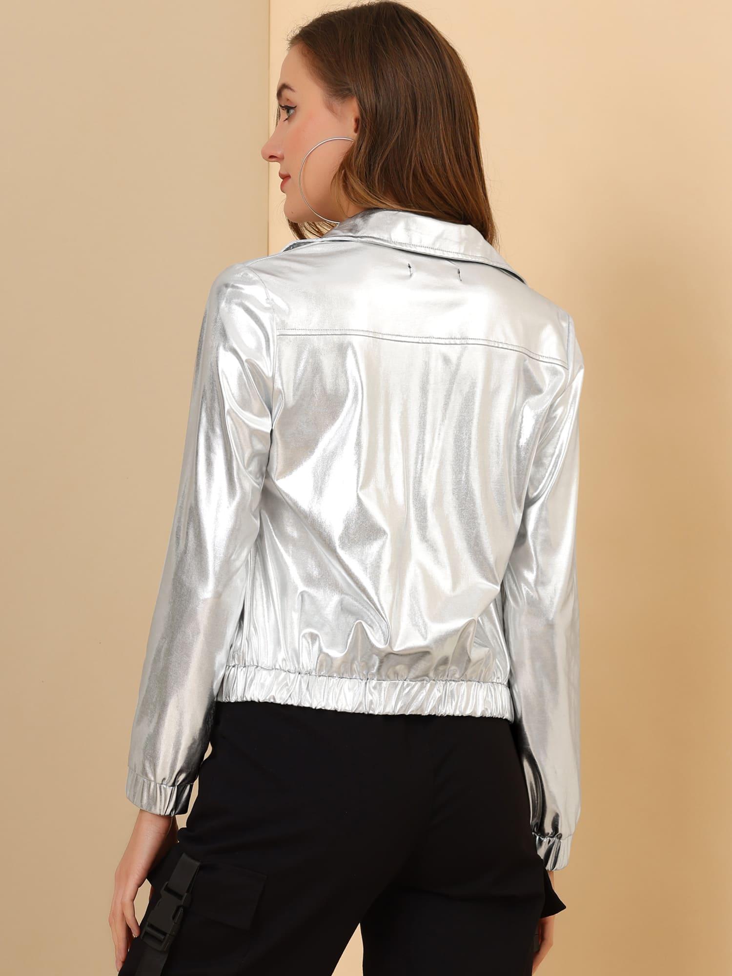 Women's Holographic Metallic Jacket - Shiny Long Sleeve Lightweight Zipper Coat for Parties & Christmas