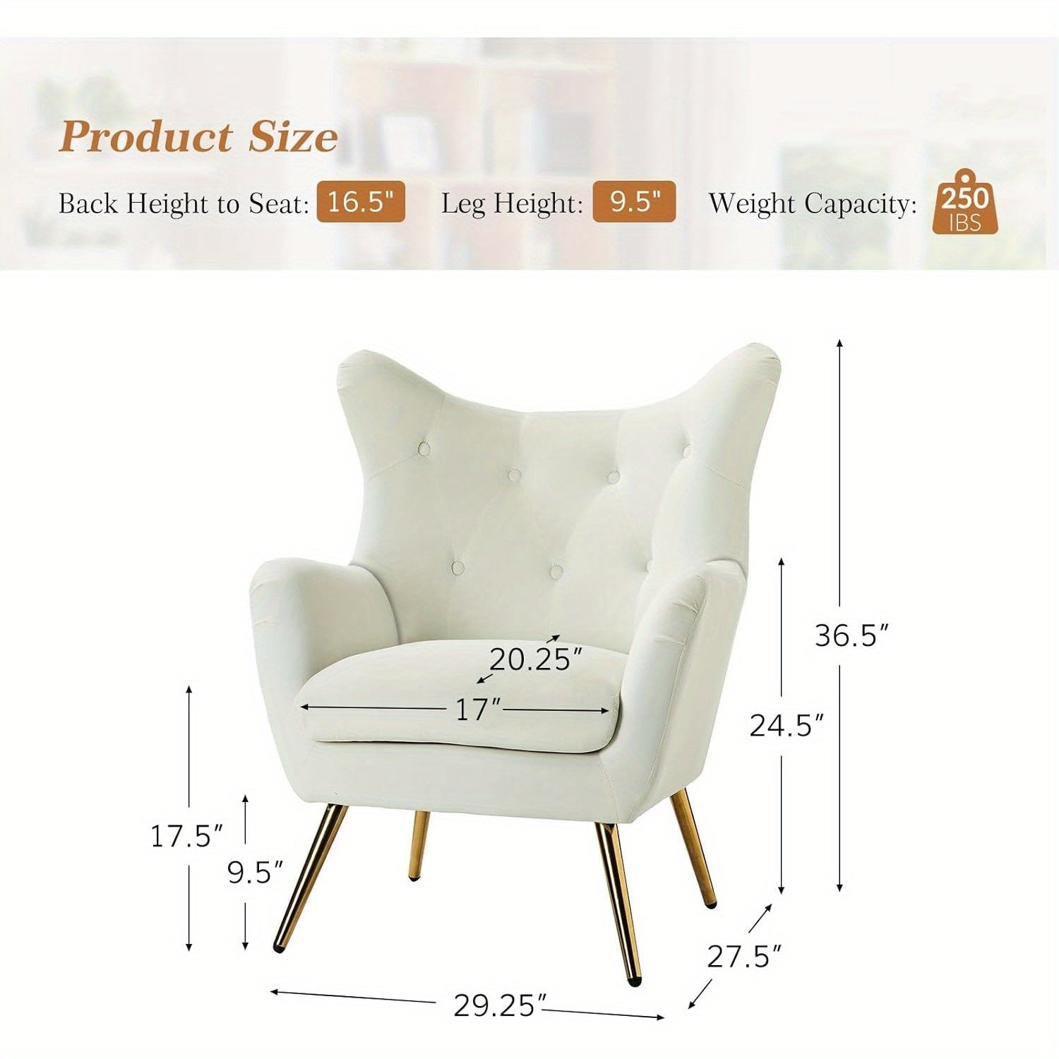Velvet Wingback Accent Chair - Modern Tufted Armchair with Gold Metal Legs, Single Sofa Chair for Living Room, Bedroom, Club, or Stadium Suite