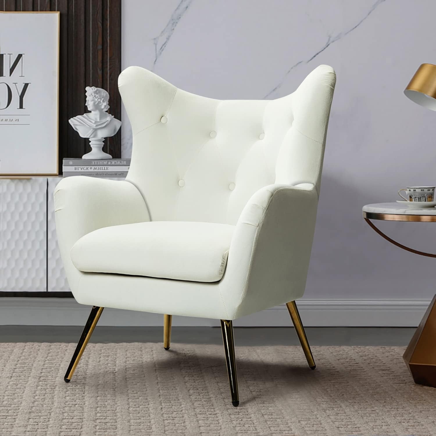 Velvet Wingback Accent Chair - Modern Tufted Armchair with Gold Metal Legs, Single Sofa Chair for Living Room, Bedroom, Club, or Stadium Suite