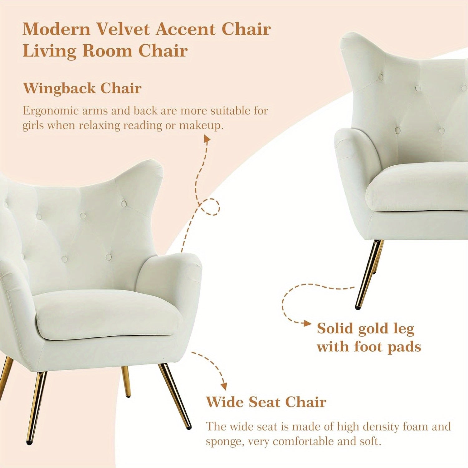 Velvet Wingback Accent Chair - Modern Tufted Armchair with Gold Metal Legs, Single Sofa Chair for Living Room, Bedroom, Club, or Stadium Suite