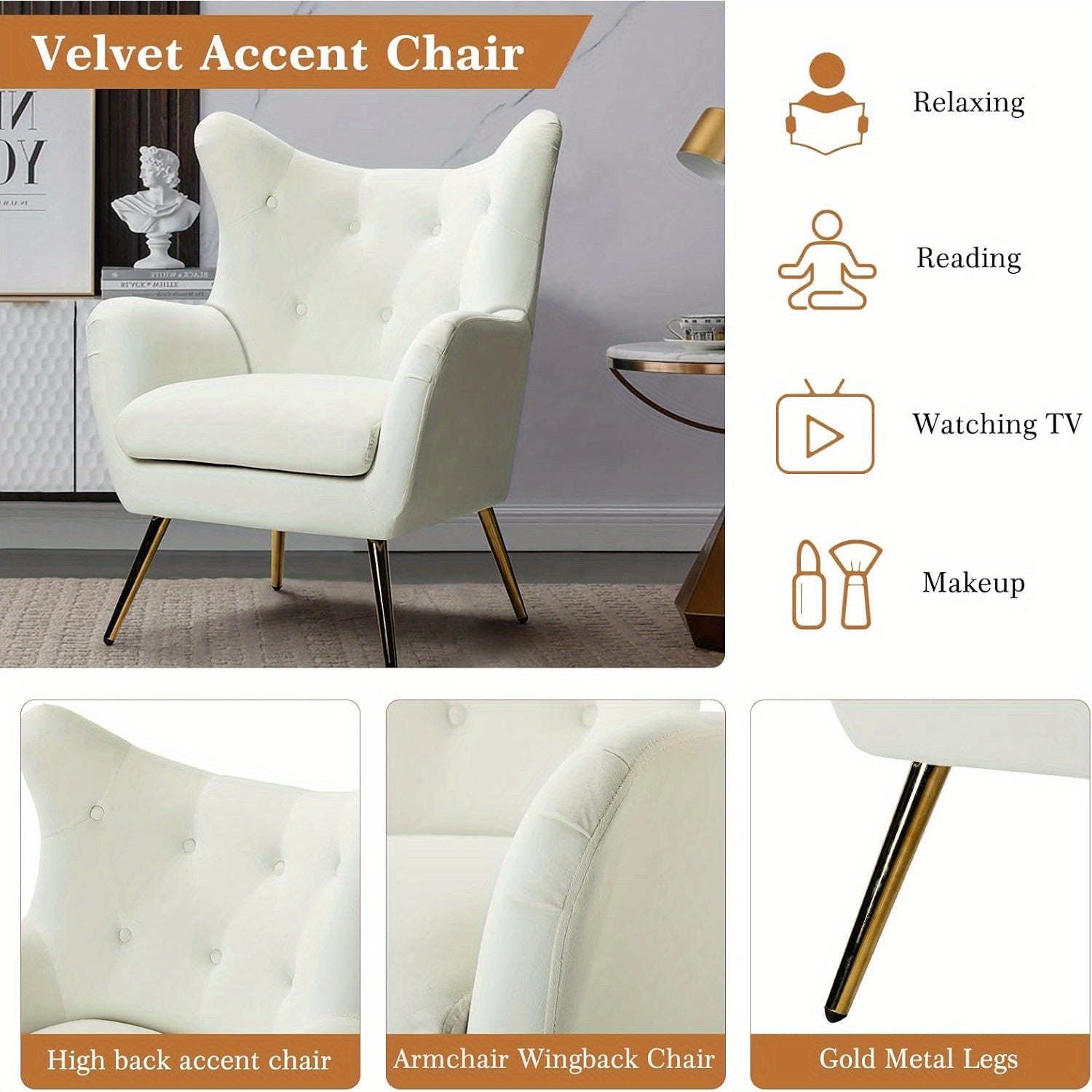 Velvet Wingback Accent Chair - Modern Tufted Armchair with Gold Metal Legs, Single Sofa Chair for Living Room, Bedroom, Club, or Stadium Suite