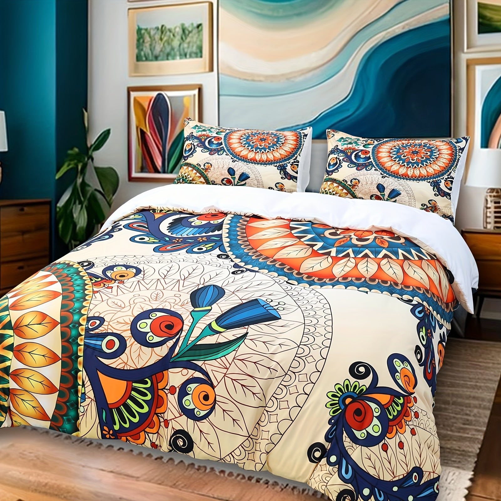 3-Piece Bohemian Duvet Cover Set - Vintage Floral Indian Mandala Printed Bedding with 2 Pillowcases, Hippie Bedroom Decor (No Filler)