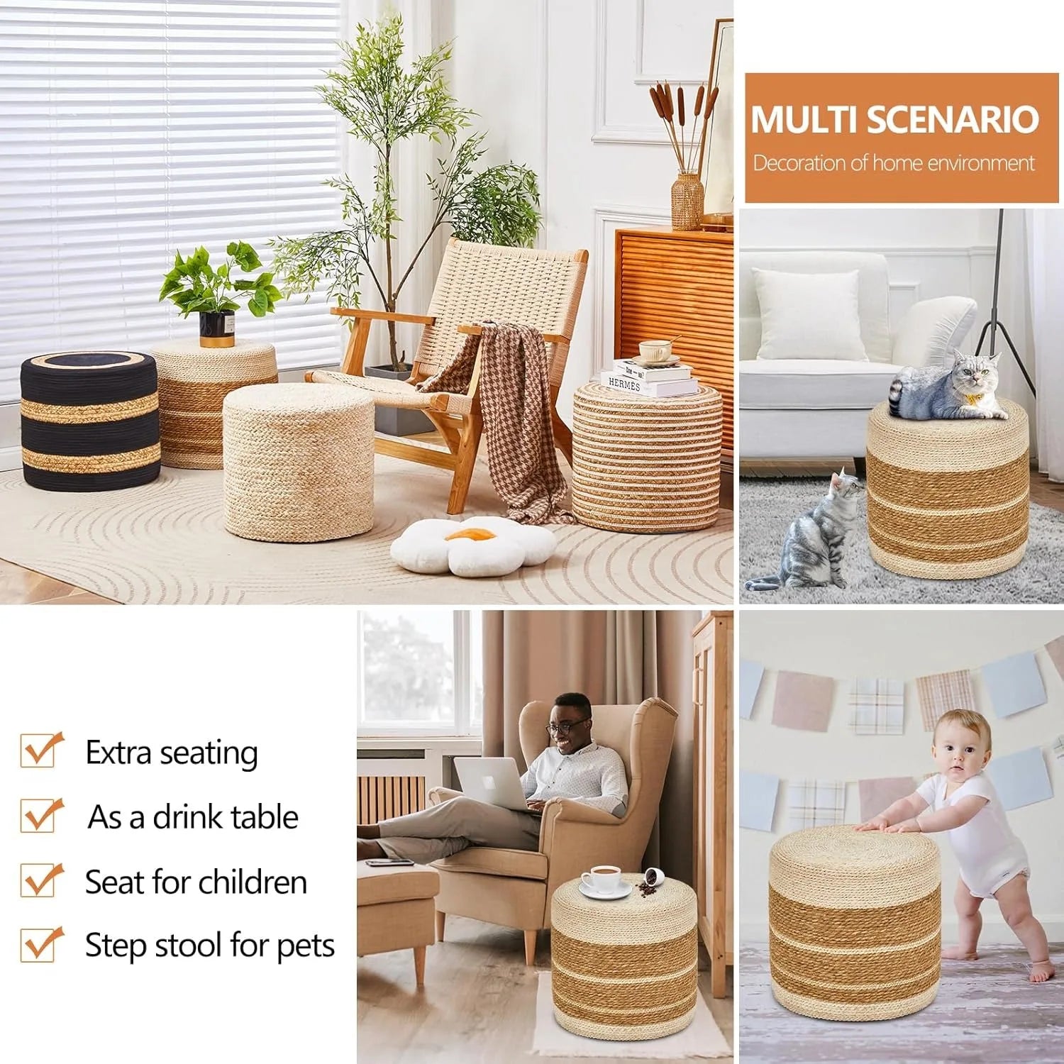 18’’ Handwoven Ottoman Pouf – Natural Braided Footrest Stool Rustic Boho Lounge Pouffe (Cattail + Corn Husk) - United