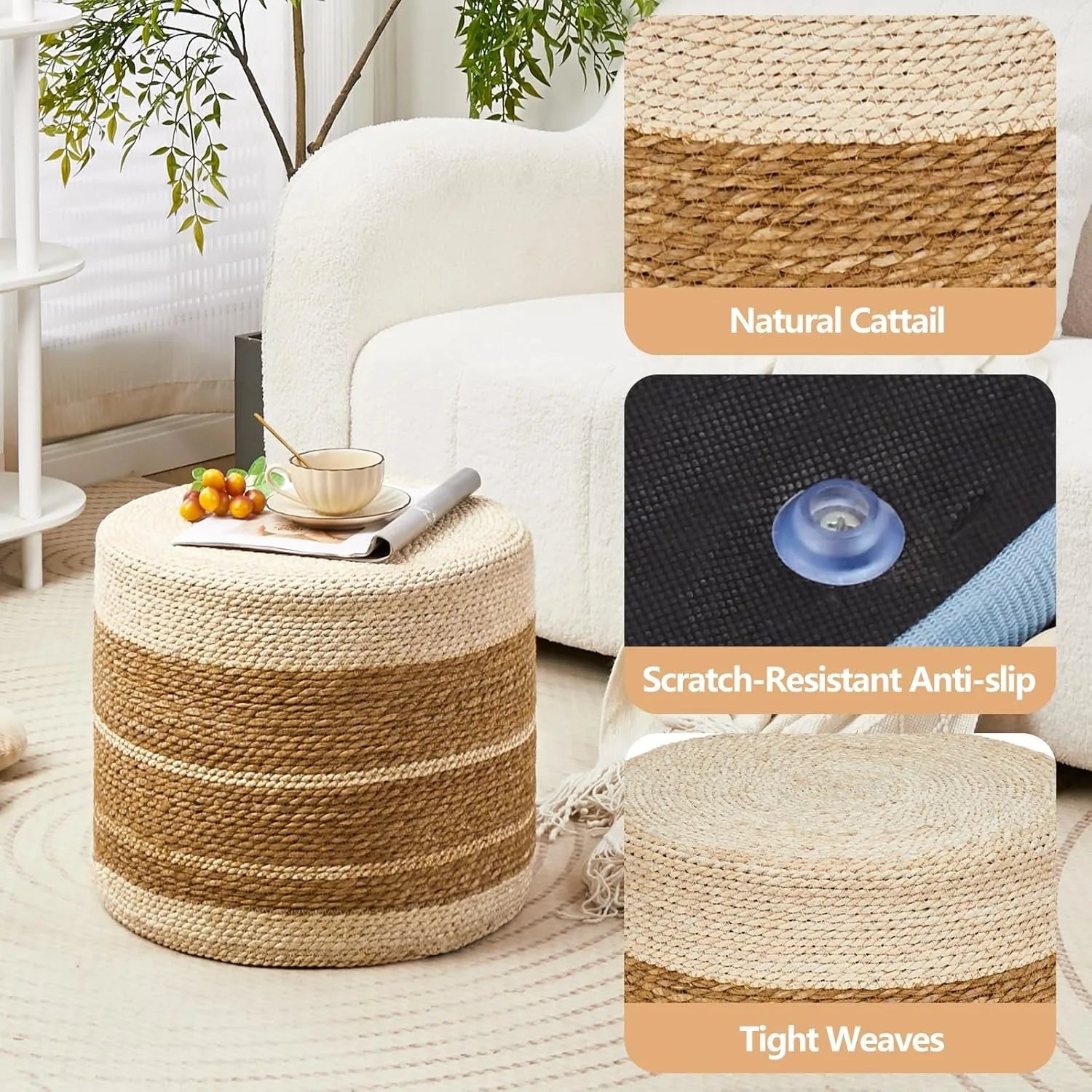 18’’ Handwoven Ottoman Pouf – Natural Braided Footrest Stool Rustic Boho Lounge Pouffe (Cattail + Corn Husk) - United