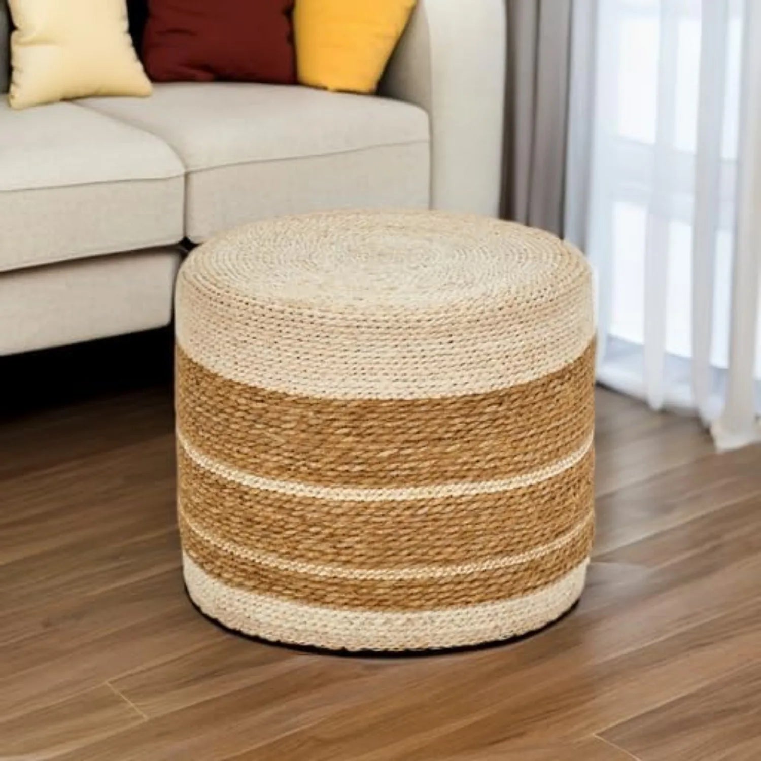 18’’ Handwoven Ottoman Pouf – Natural Braided Footrest Stool Rustic Boho Lounge Pouffe (Cattail + Corn Husk) - United