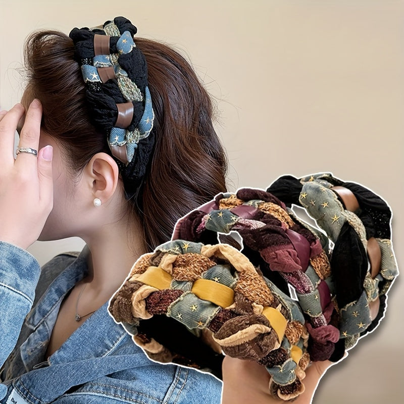 Handmade Women's Cotton Blend Patchwork Headband - Wide Braided Denim Patchwork Hair Accessory with Knotted Detail Boho Chic