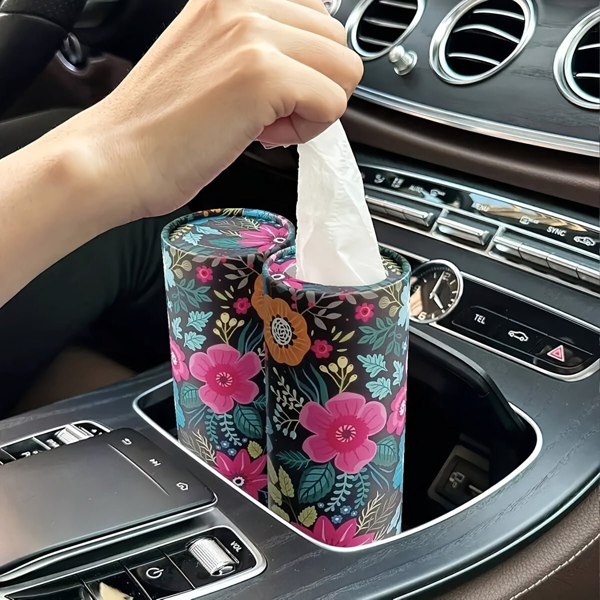 accessories - 1pc Floral Car Tissue Holder with 40 Paper Facial Tissues - Round Portable Cylinder Tube Tissue Case for Vehicle Cup Holder, Elegant Dispenser for Home & Travel - Boho Eco Boutique™ - accessories - Boho Eco Boutique™ - Polychrome -