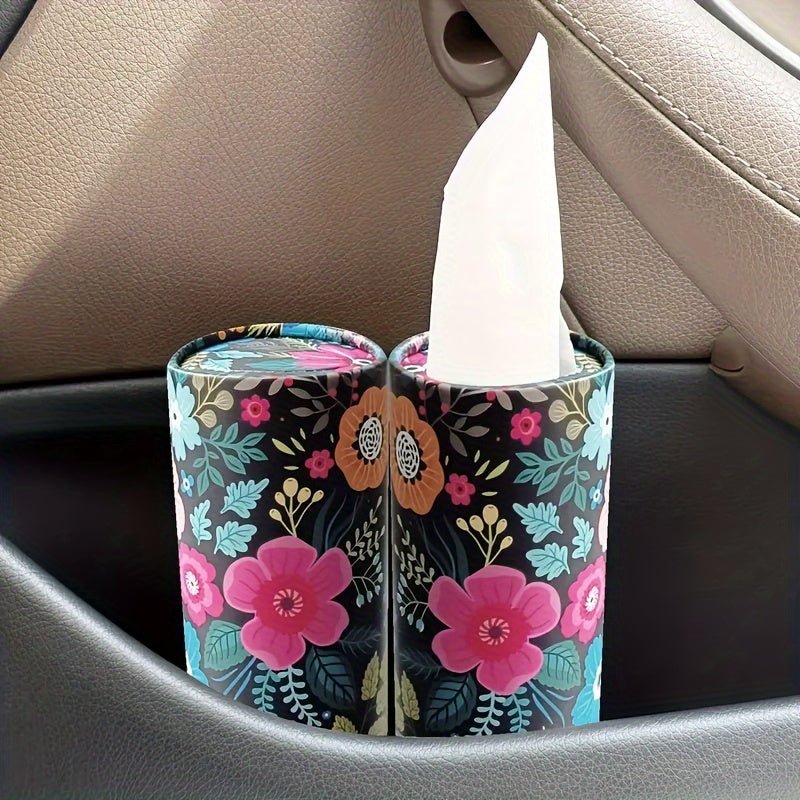 accessories - 1pc Floral Car Tissue Holder with 40 Paper Facial Tissues - Round Portable Cylinder Tube Tissue Case for Vehicle Cup Holder, Elegant Dispenser for Home & Travel - Boho Eco Boutique™ - accessories - Boho Eco Boutique™ - Polychrome -