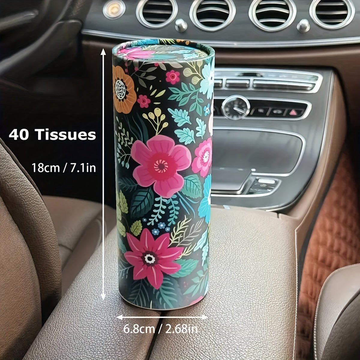 accessories - 1pc Floral Car Tissue Holder with 40 Paper Facial Tissues - Round Portable Cylinder Tube Tissue Case for Vehicle Cup Holder, Elegant Dispenser for Home & Travel - Boho Eco Boutique™ - accessories - Boho Eco Boutique™ - Polychrome -