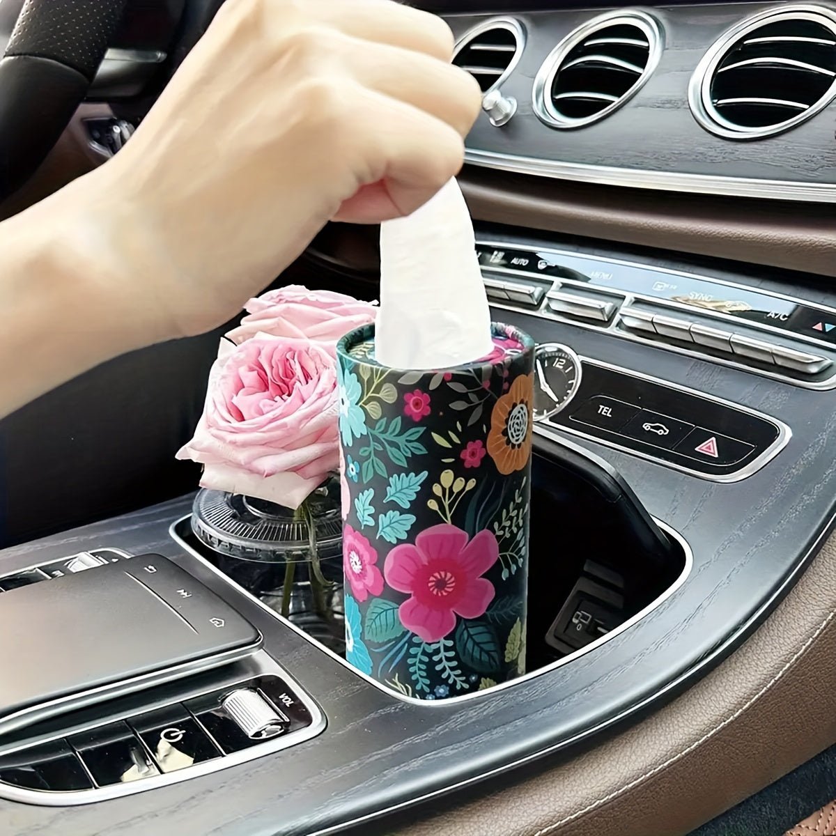 accessories - 1pc Floral Car Tissue Holder with 40 Paper Facial Tissues - Round Portable Cylinder Tube Tissue Case for Vehicle Cup Holder, Elegant Dispenser for Home & Travel - Boho Eco Boutique™ - accessories - Boho Eco Boutique™ - Polychrome -