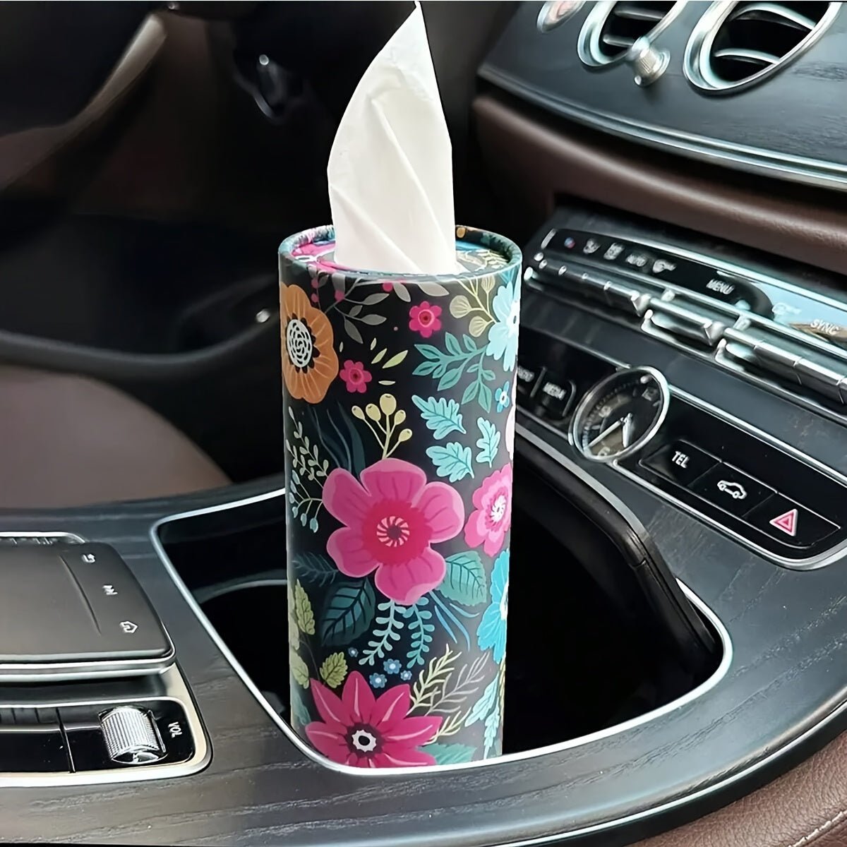 accessories - 1pc Floral Car Tissue Holder with 40 Paper Facial Tissues - Round Portable Cylinder Tube Tissue Case for Vehicle Cup Holder, Elegant Dispenser for Home & Travel - Boho Eco Boutique™ - accessories - Boho Eco Boutique™ - Polychrome -