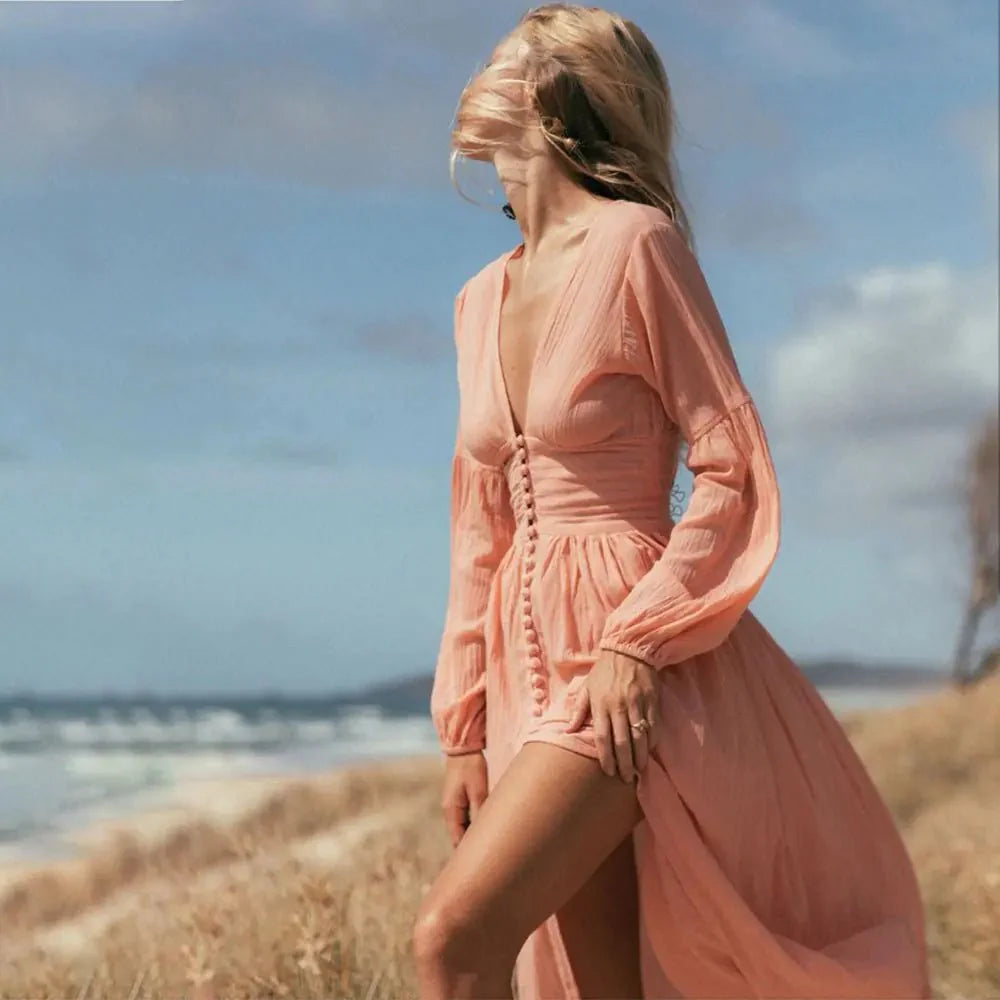 dress - 2023 Femme Boho Maxi Dress - Boho Eco Boutique™ - dress - Boho Eco Boutique™ - Beige - Small -