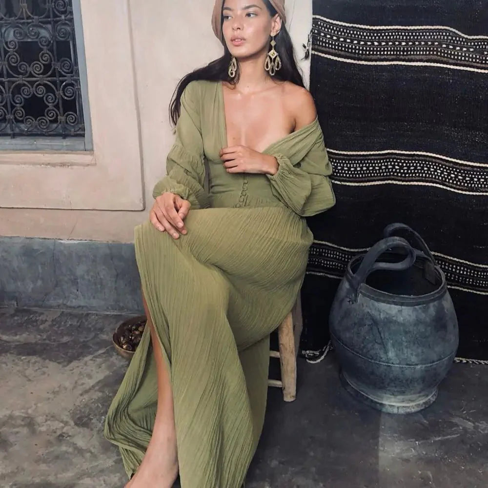 dress - 2023 Femme Boho Maxi Dress - Boho Eco Boutique™ - dress - Boho Eco Boutique™ - Beige - Small -