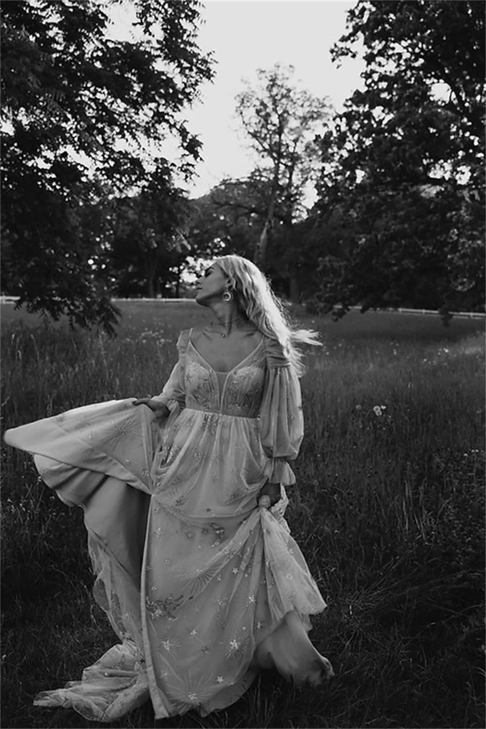 2025 Boho Constellation Pattern Lace Prom Dress with Puffy Sleeves Elegant Graduation Ball Gown - Maxi Dress