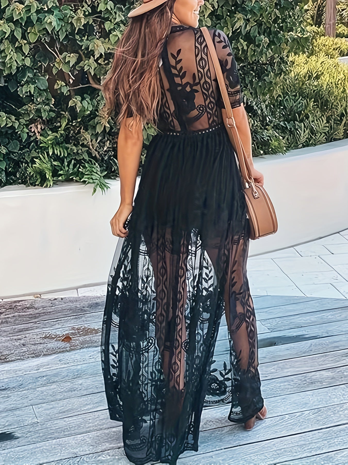 Stunning Split Hem Semi-Sheer Maxi Dress - Elegant V-Neck Short Sleeve Women's Dress for Spring & Summer Casual Occasions