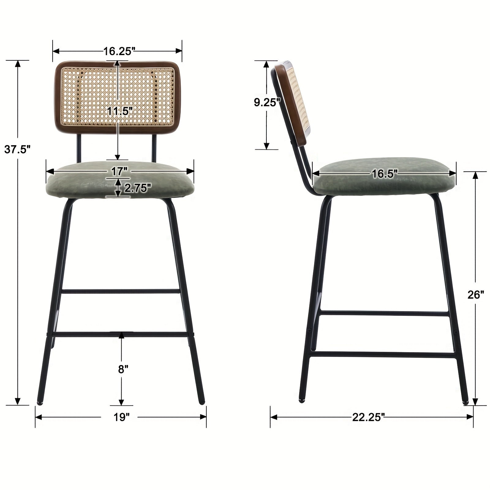 customized - 26" Rattan Counter Height Bar Stools Set of 2, Faux Leather Bar Stools with Cane Back, Arm - less Wicker Bar Chairs for Pub/Kitchen/Home Bar - Boho Eco Boutique™ - customized - Boho Eco Boutique™ - Green -