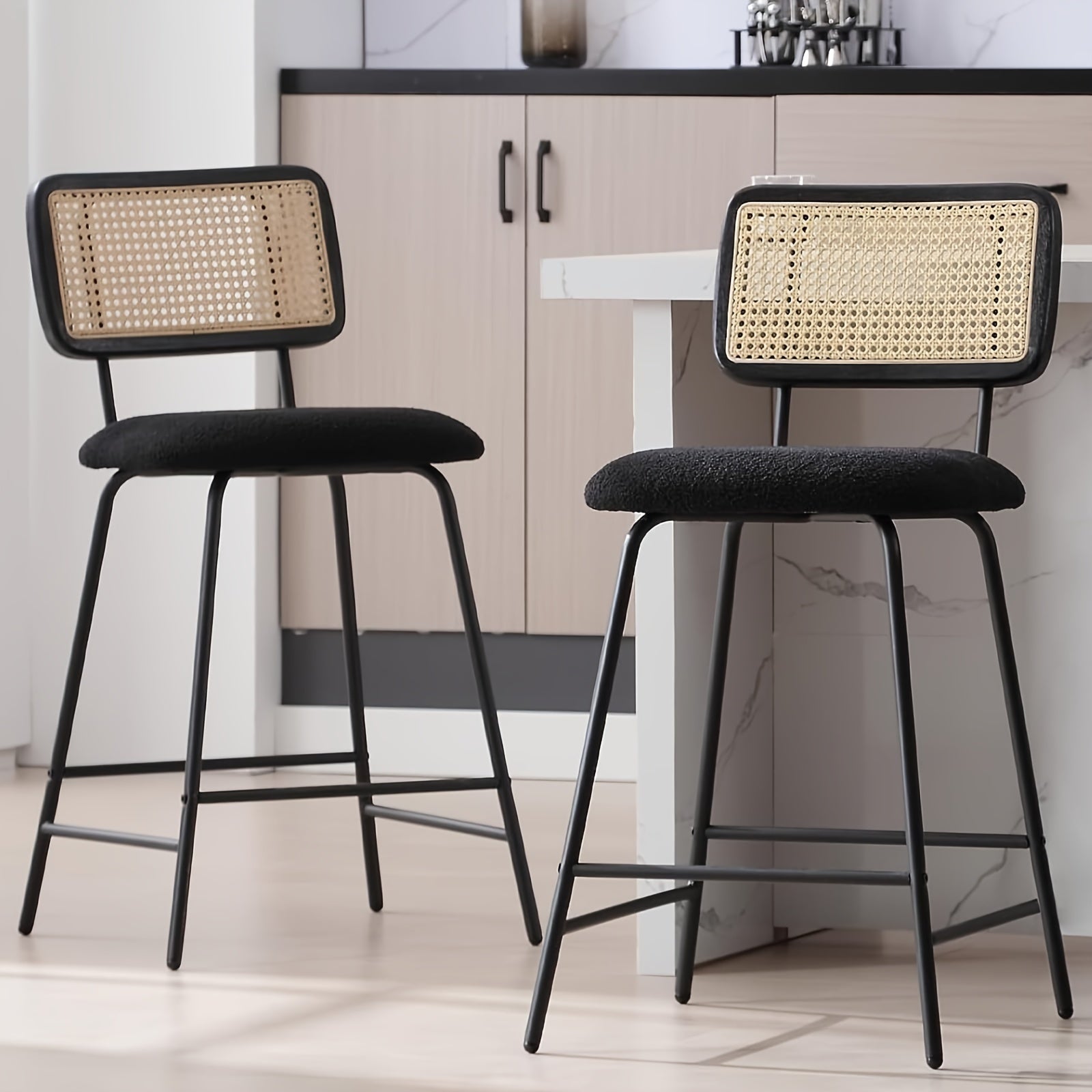 customized - 26" Rattan Counter Height Bar Stools Set of 2, Faux Leather Bar Stools with Cane Back, Arm - less Wicker Bar Chairs for Pub/Kitchen/Home Bar - Boho Eco Boutique™ - customized - Boho Eco Boutique™ - Black -