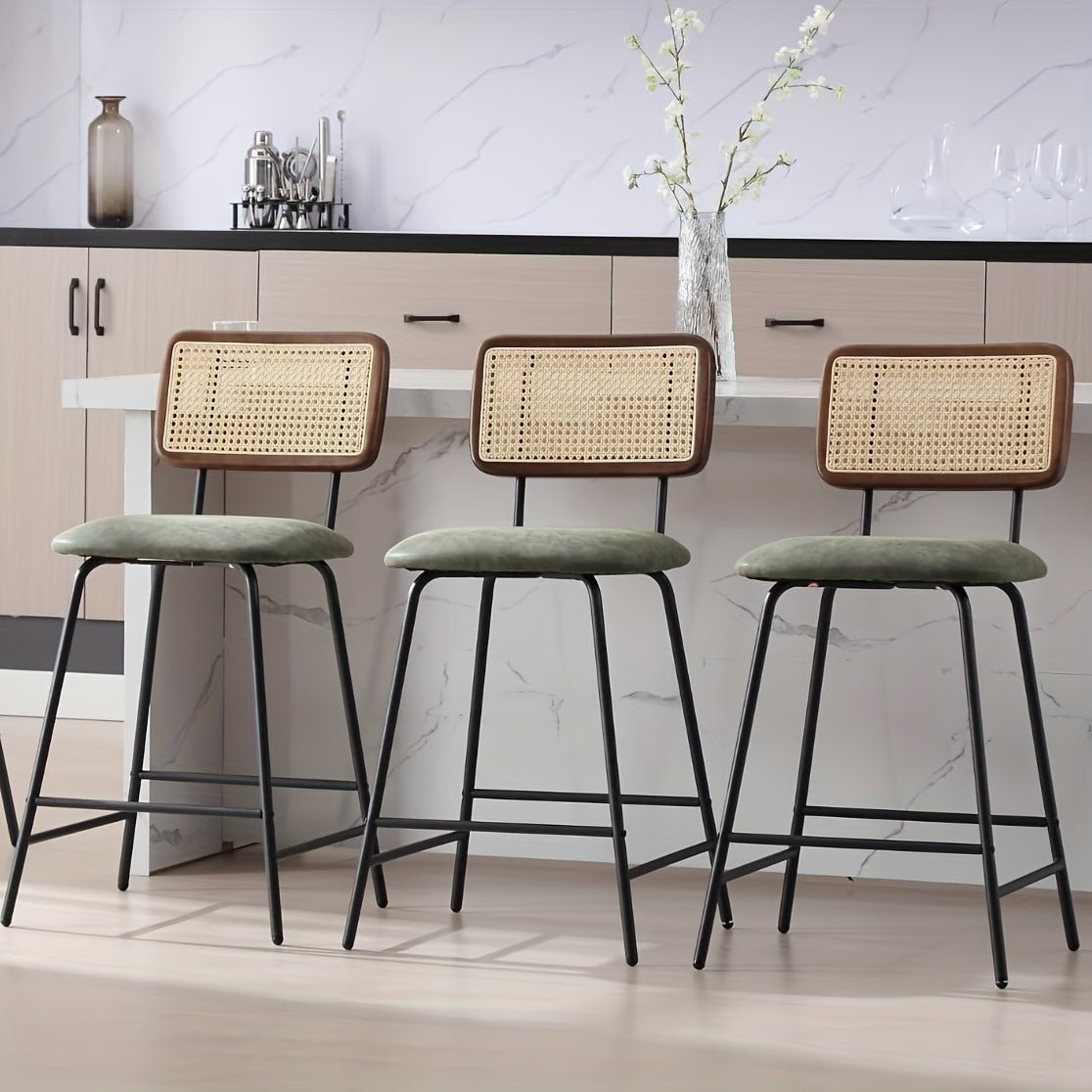 customized - 26" Rattan Counter Height Bar Stools Set of 2, Faux Leather Bar Stools with Cane Back, Arm - less Wicker Bar Chairs for Pub/Kitchen/Home Bar - Boho Eco Boutique™ - customized - Boho Eco Boutique™ - Green -