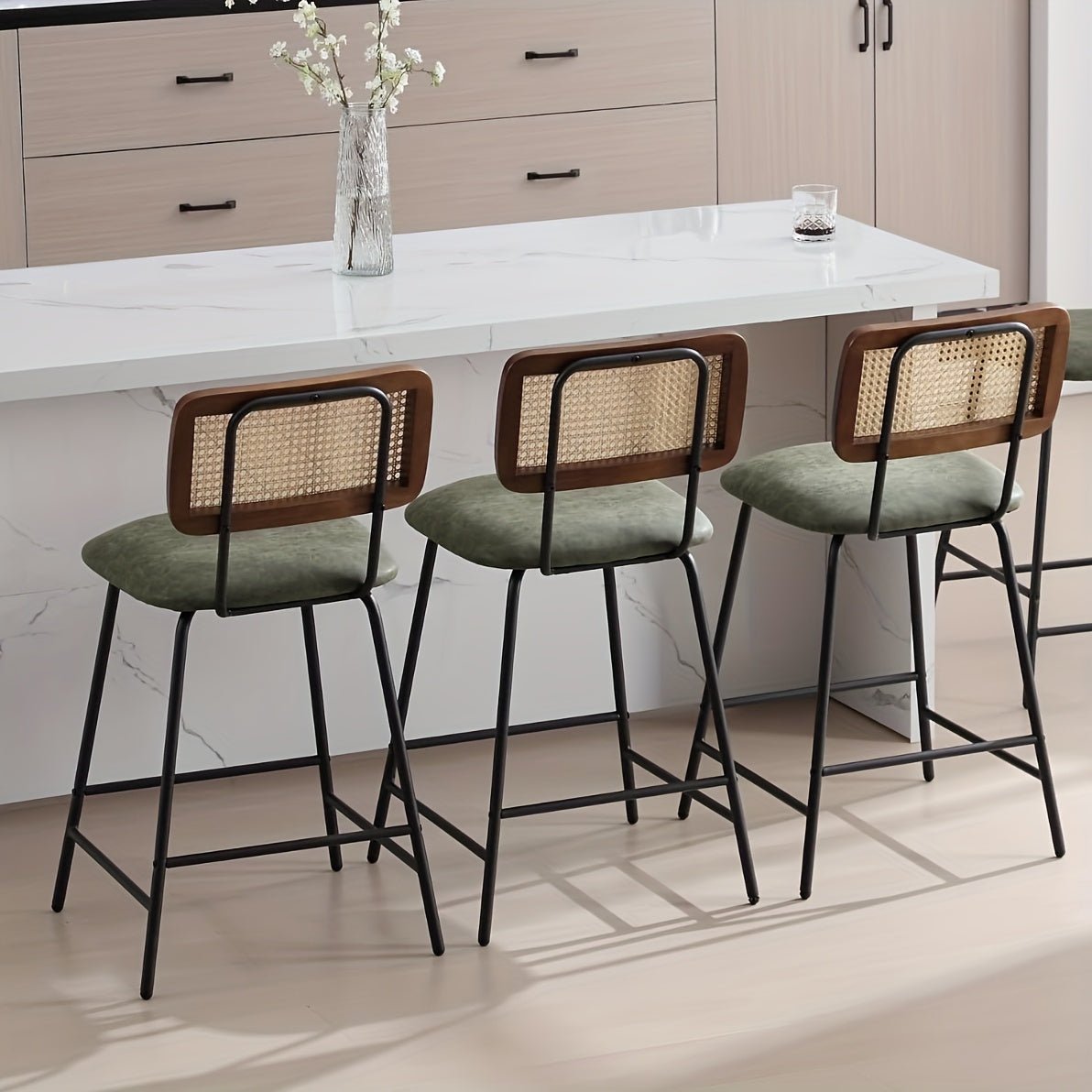 customized - 26" Rattan Counter Height Bar Stools Set of 2, Faux Leather Bar Stools with Cane Back, Arm - less Wicker Bar Chairs for Pub/Kitchen/Home Bar - Boho Eco Boutique™ - customized - Boho Eco Boutique™ - Green -