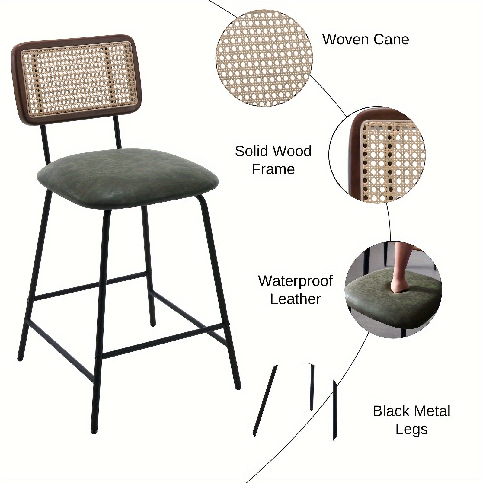 customized - 26" Rattan Counter Height Bar Stools Set of 2, Faux Leather Bar Stools with Cane Back, Arm - less Wicker Bar Chairs for Pub/Kitchen/Home Bar - Boho Eco Boutique™ - customized - Boho Eco Boutique™ - Green -