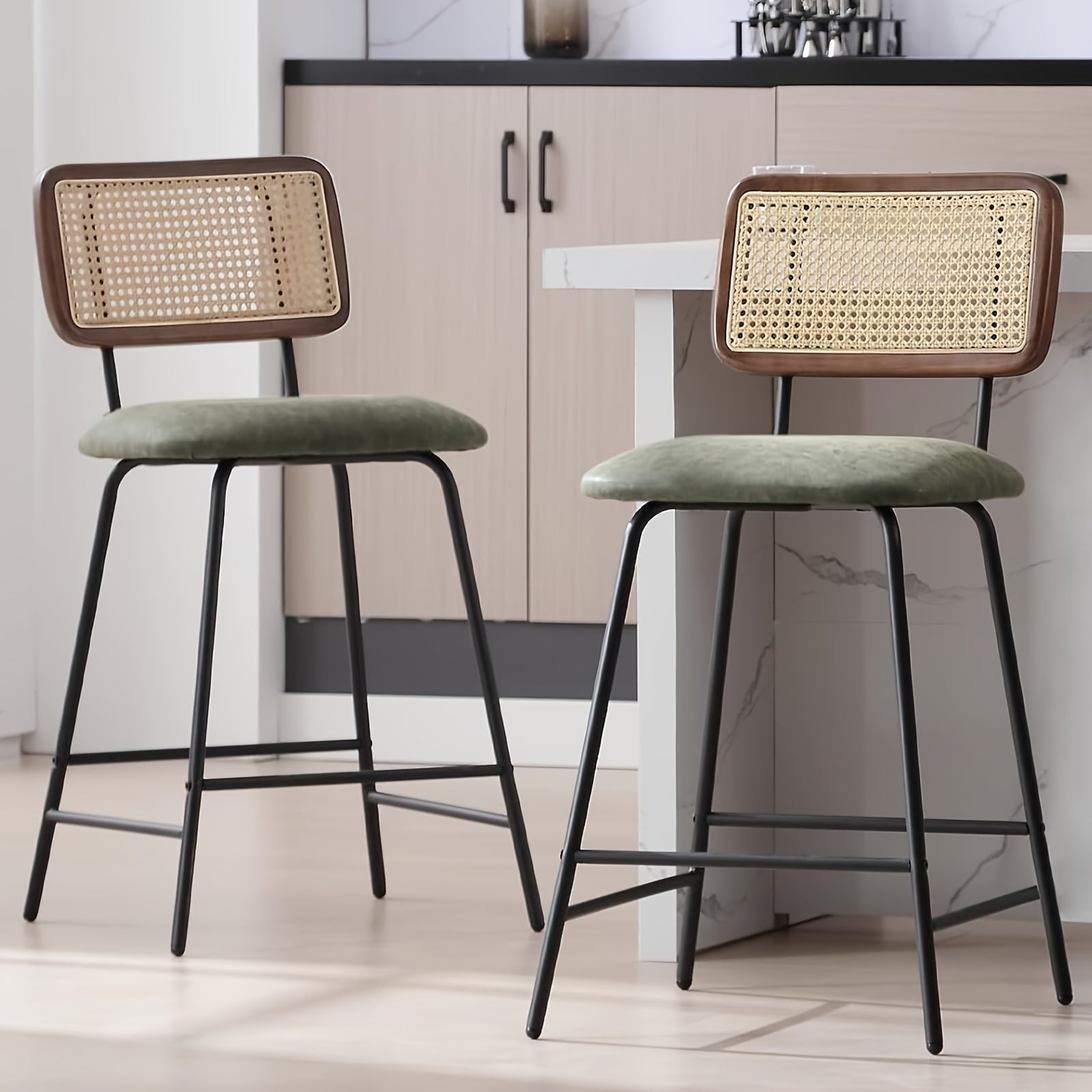 customized - 26" Rattan Counter Height Bar Stools Set of 2, Faux Leather Bar Stools with Cane Back, Arm - less Wicker Bar Chairs for Pub/Kitchen/Home Bar - Boho Eco Boutique™ - customized - Boho Eco Boutique™ - Green -